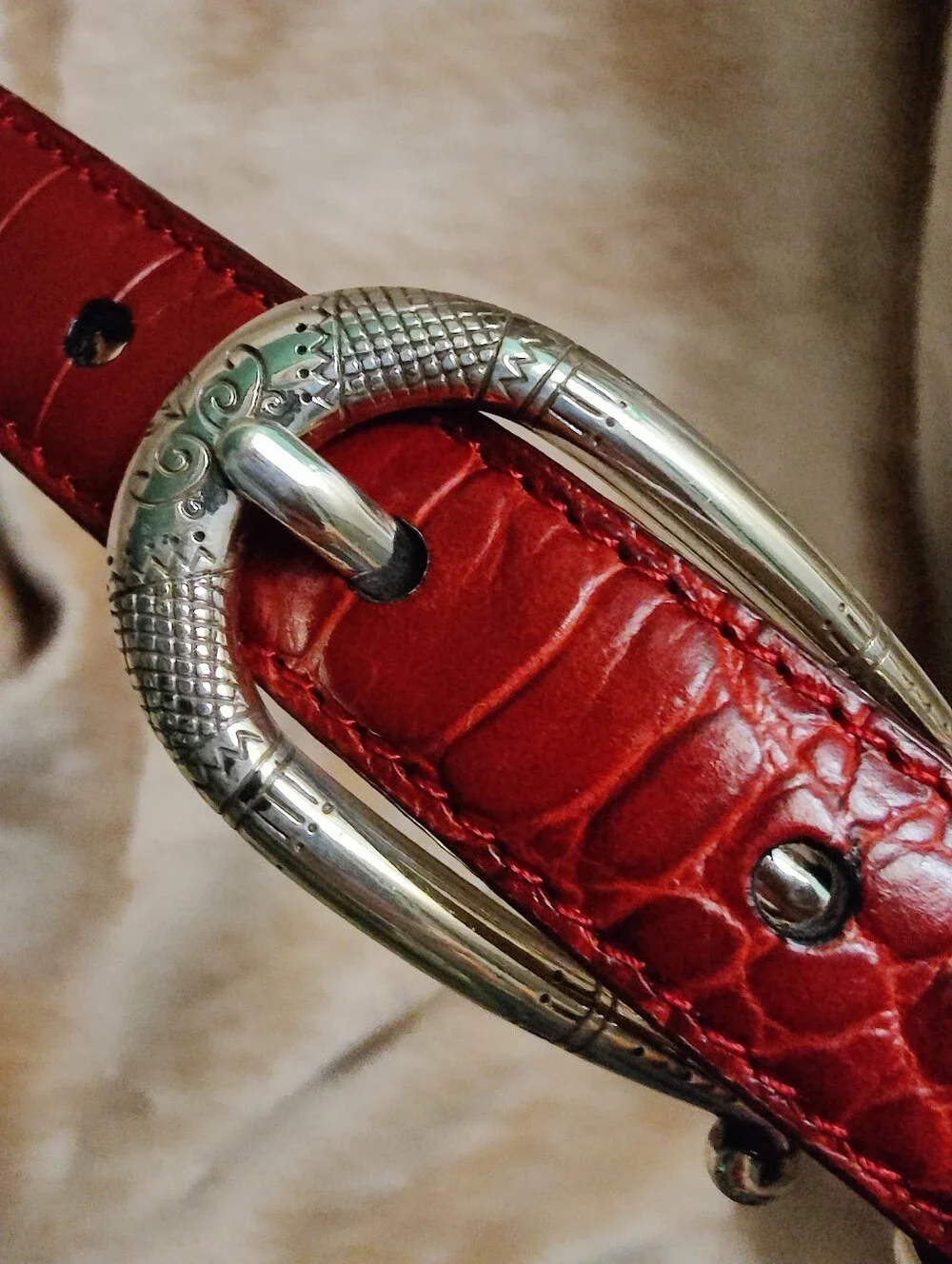 Brighton Dark Red Croc-Embossed Leather Belt with Silver Tone Buckle, Size M